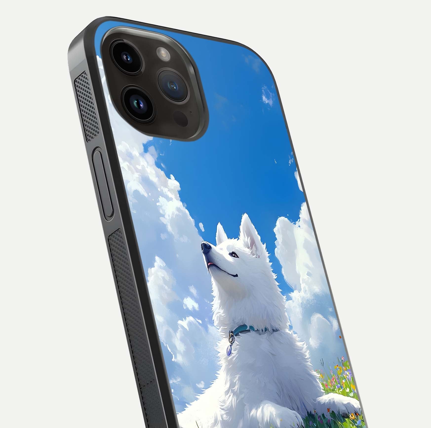 Blissful Cloud Pup Glass Case for iPhone 14 Pro Max close-up image highlighting puppy details and glossy reflection