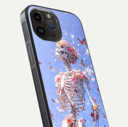 Bloom Beyond Bones Glass Case for iPhone 14 Pro Max close-up highlighting unique bone-floral fusion art and reflection