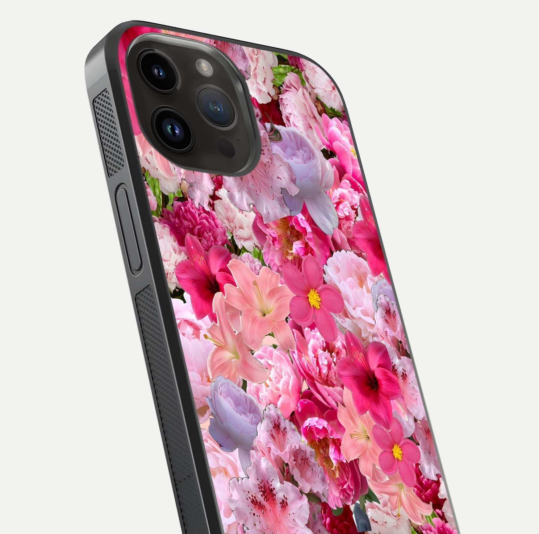 Bloom Crush Fantasy Glass Case for iPhone 14 Pro Max close-up image showing color gradient and petal detailing