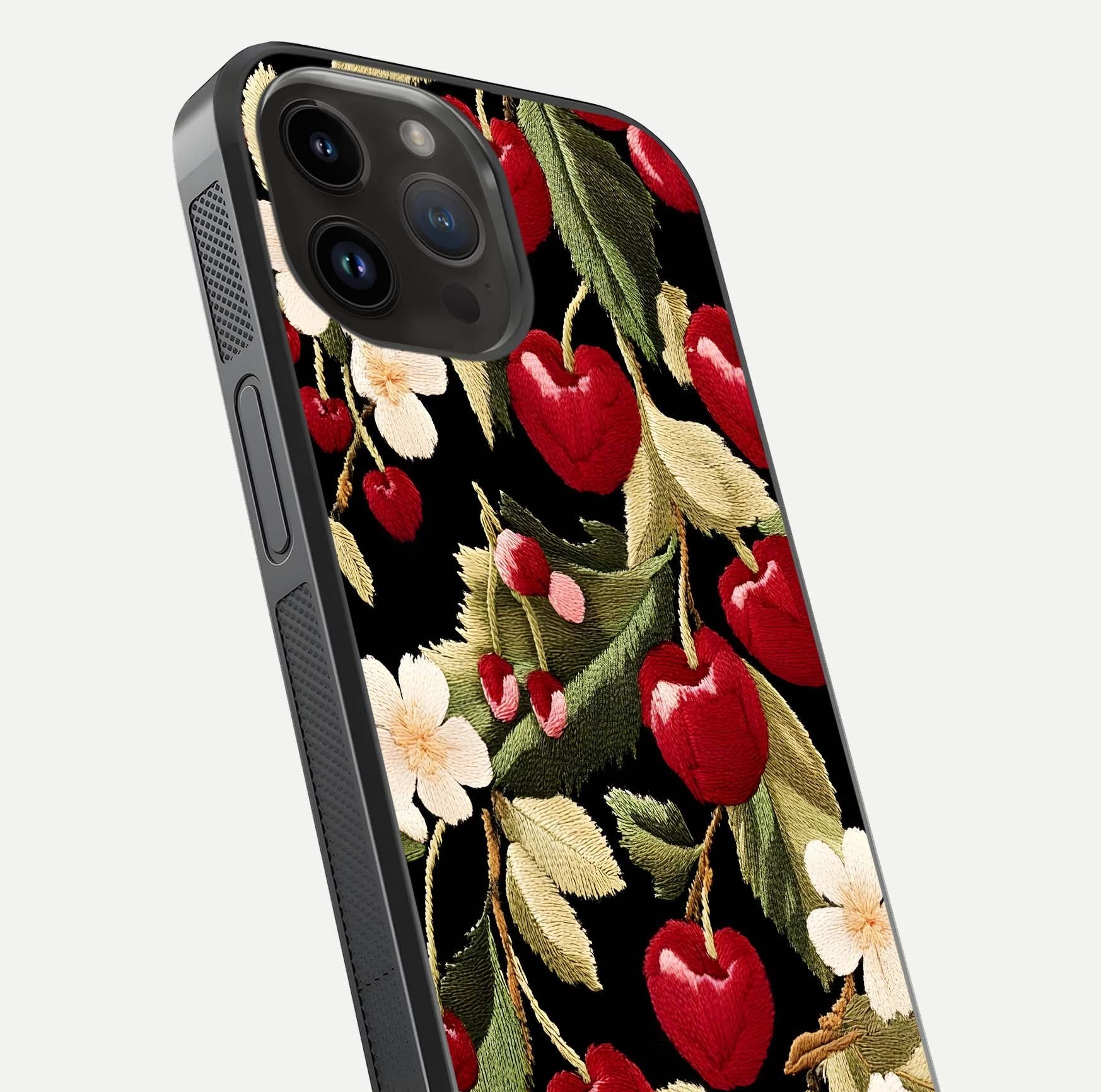 Bloom Thread Art Glass Case for iPhone 14 Pro Max close-up view highlighting fine line details and glossy shine
