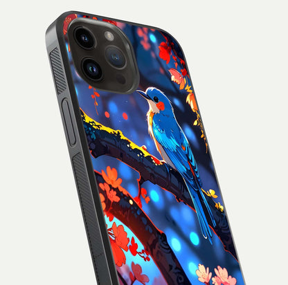 Blooming Spendor Bird Glass Case for iPhone 14 Pro Max close-up shot highlighting bird design details and glossy shine