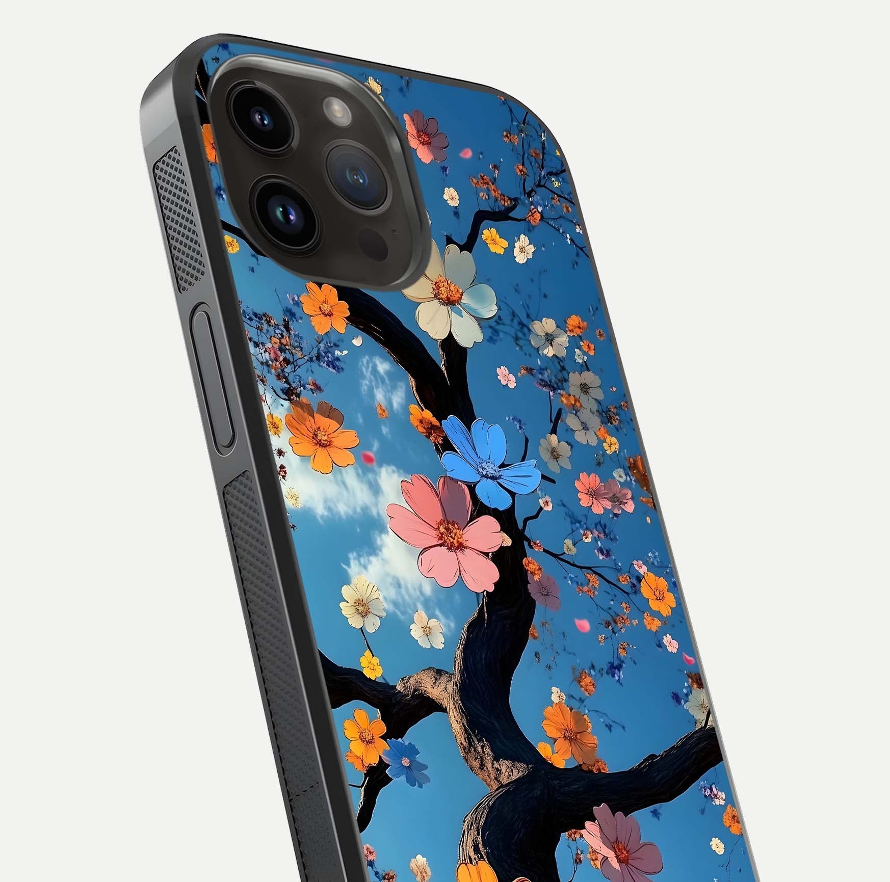 Blossom Dream Sky Glass Case for iPhone 14 Pro Max close-up shot highlighting dreamlike clouds and pink blossoms