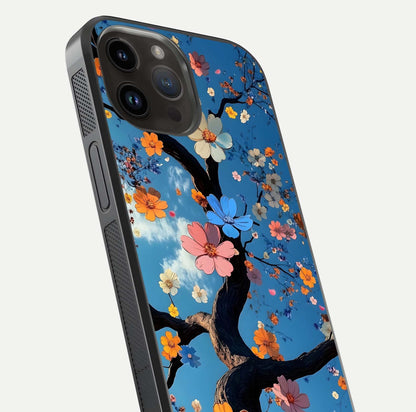 Blossom Dream Sky Glass Case for iPhone 14 Pro Max close-up shot highlighting dreamlike clouds and pink blossoms