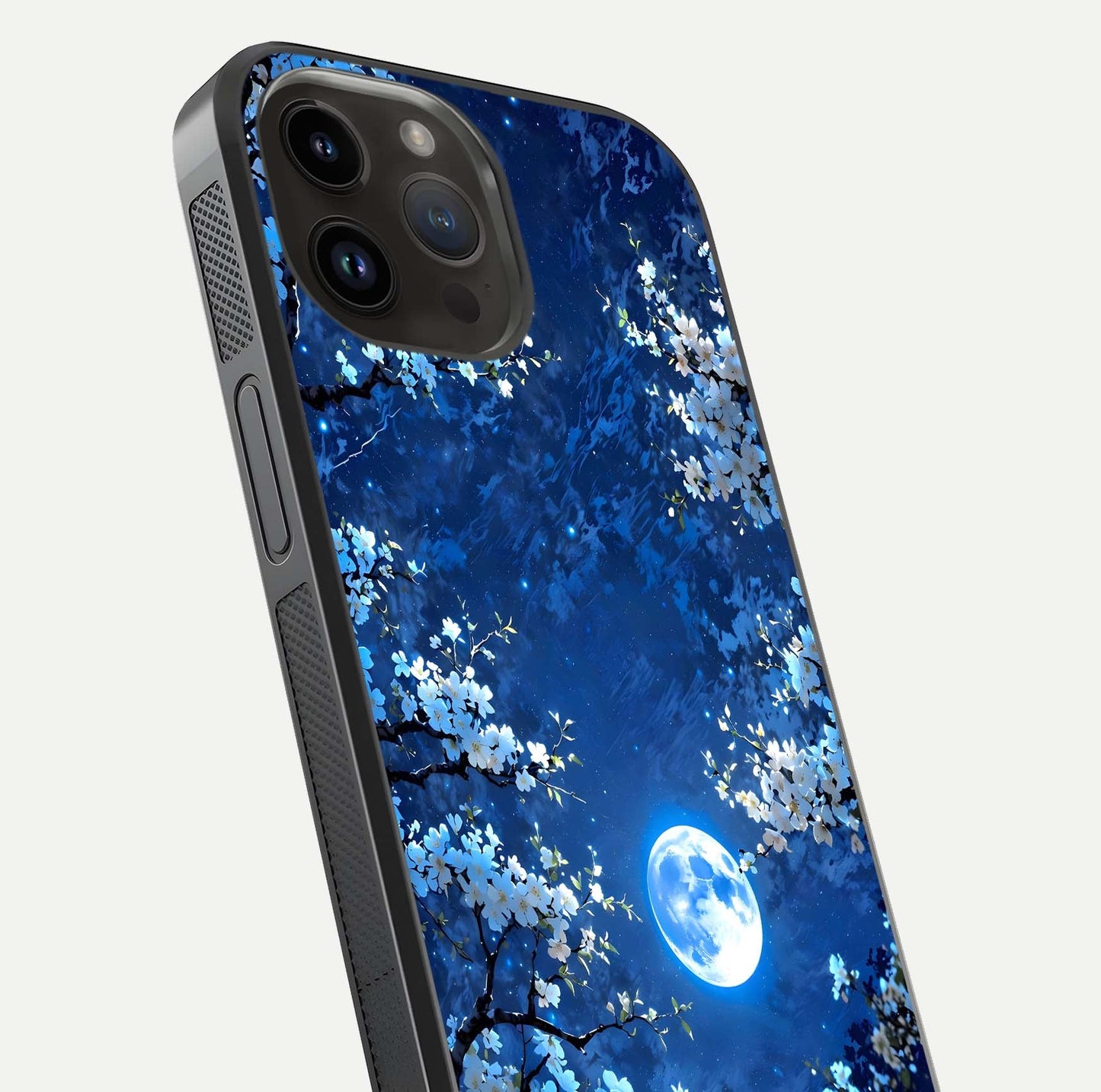 Blossom Moonlight Sky Glass Case for iPhone 14 Pro Max close-up angle capturing moon glow and flower detail reflections