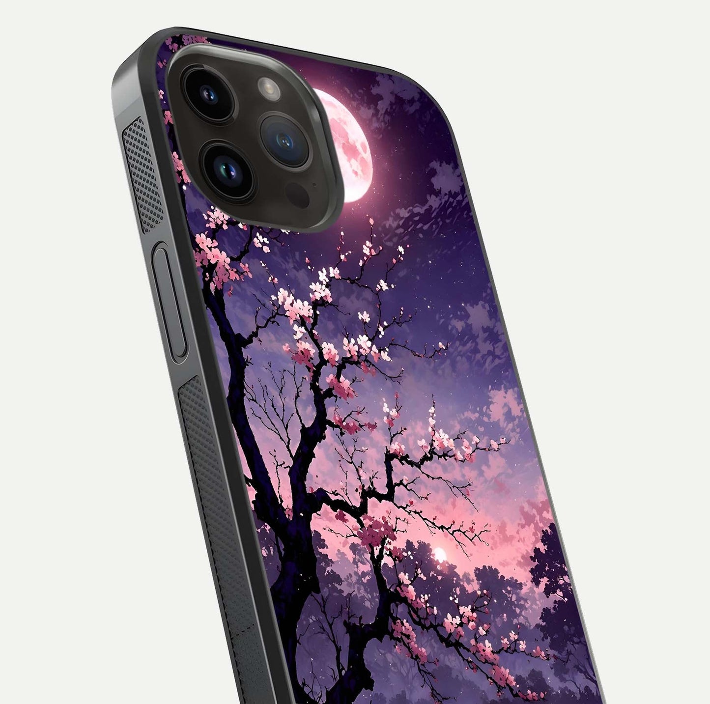 Blossom Pink Moon Glass Case for iPhone 14 Pro Max close-up shot showing pink tones, moon highlight, and reflection gloss
