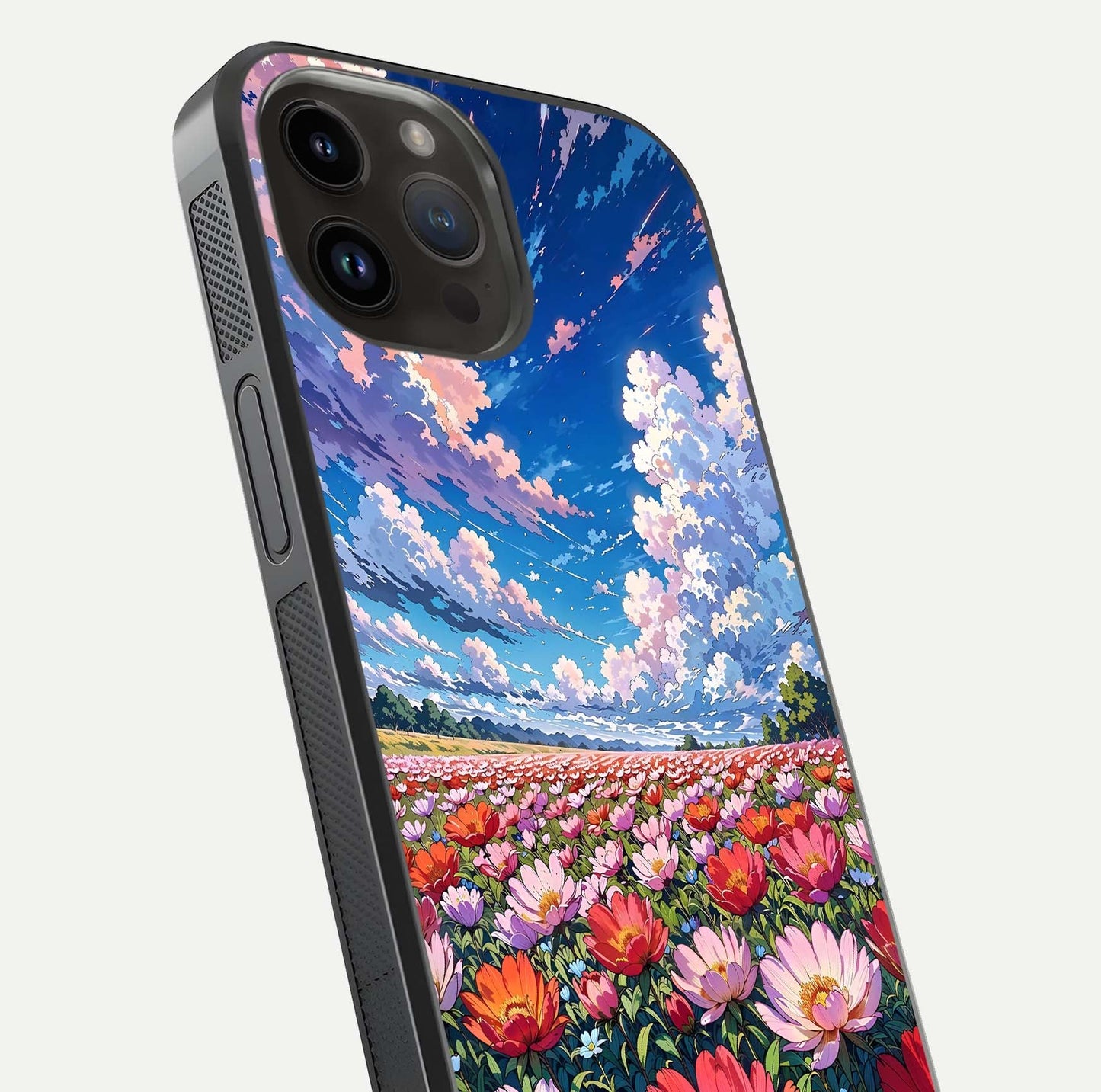 Blossom Sky Field Glass Case for iPhone 14 Pro Max close-up image showing petal patterns and subtle sky gradient