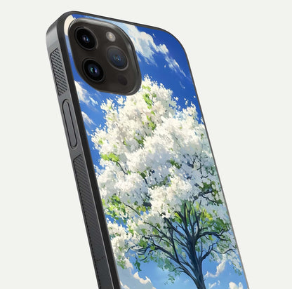 Blossom Sky Serenity Glass Case for iPhone 14 Pro Max close-up highlighting calming flower details and reflection gloss