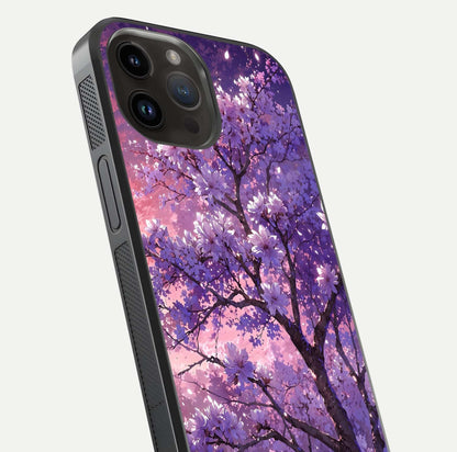 Blossom Tree Glass Case for iPhone 14 Pro Max close-up image highlighting tree branches, blossoms, and shine