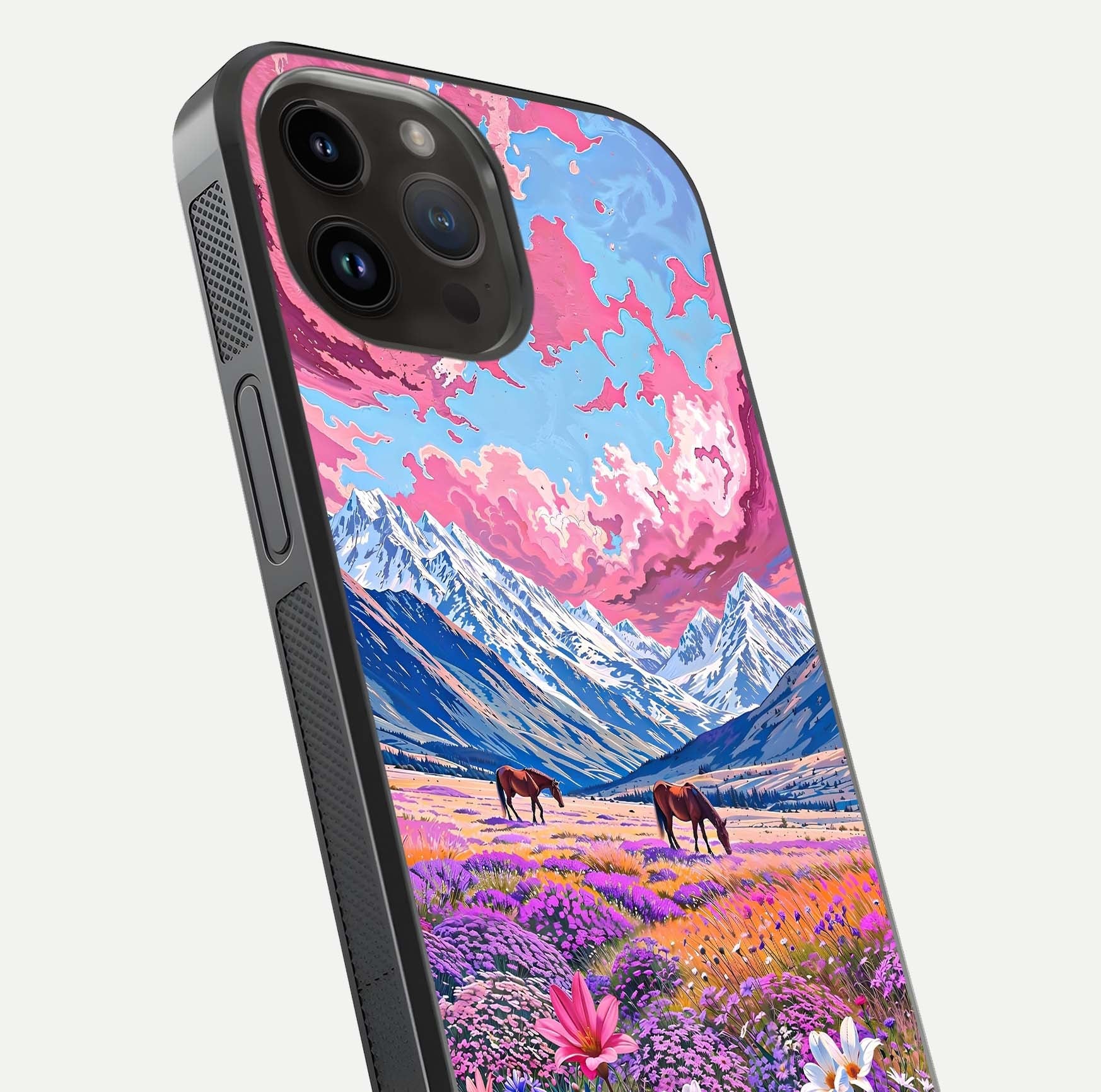Blossom Valley Dream Glass Case for iPhone 14 Pro Max close-up view showing detailed flower print and pastel hues