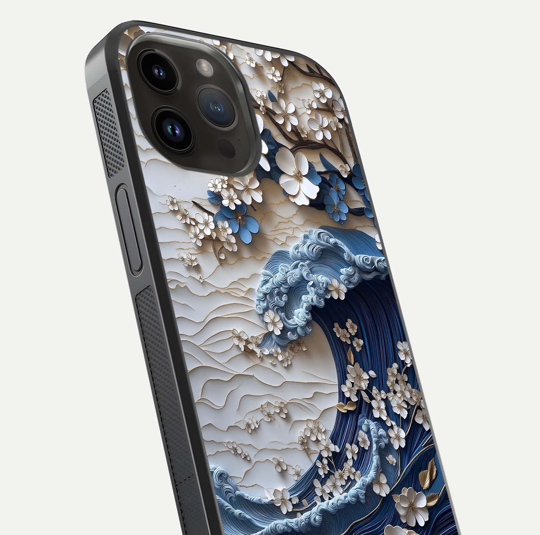 Blossom Wave Art Glass Case for iPhone 14 Pro Max close-up shot highlighting wave motion in floral art and reflection