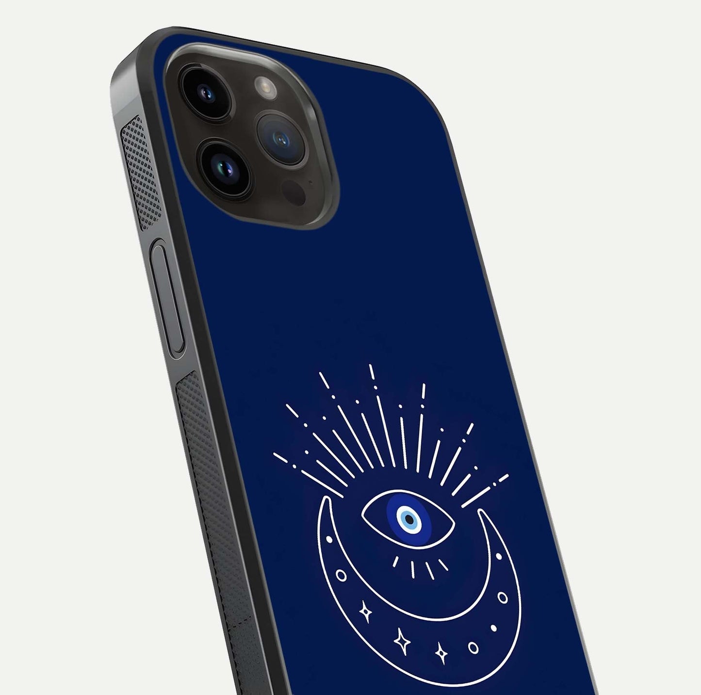 Blue Evil Eye Glass Case for iPhone 14 Pro Max close-up shot highlighting eye motif, protection symbol, and glass shine