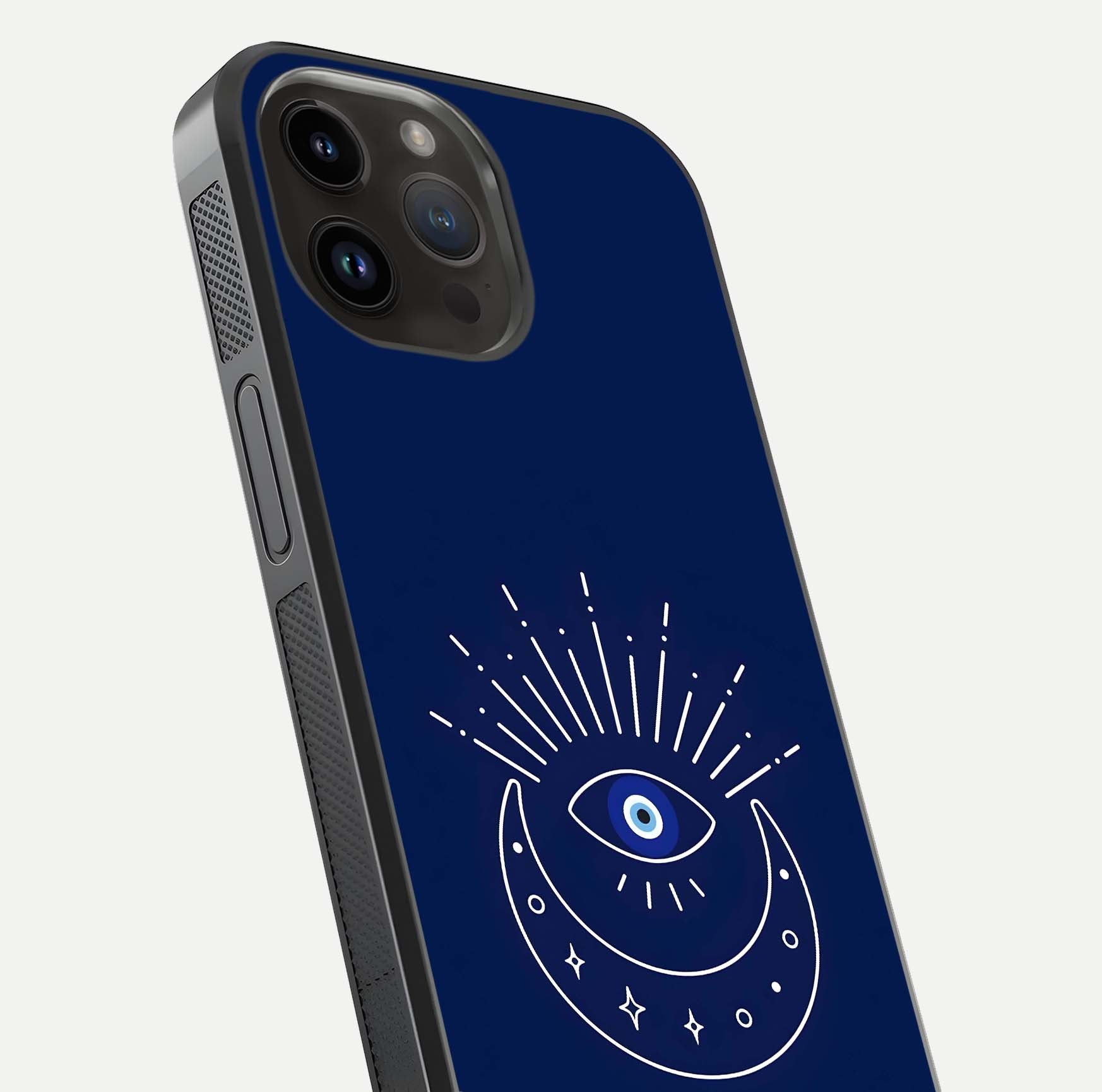 Blue Evil Eye Glass Case for iPhone 14 Pro Max close-up shot highlighting eye motif, protection symbol, and glass shine