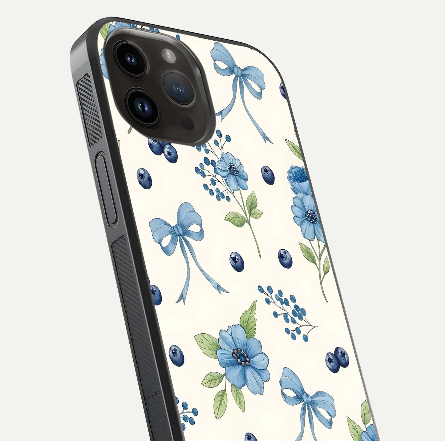 Blue Flower & Bow Glass Case for iPhone 14 Pro Max close-up shot highlighting ribbon detail and flower gloss finish
