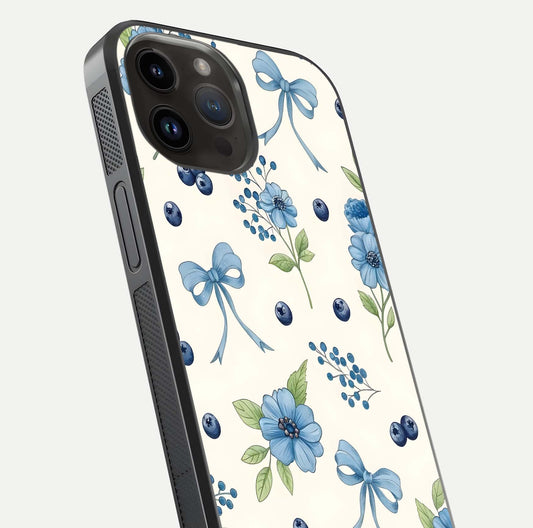 Blue Flower & Bow Glass Case for iPhone 14 Pro Max close-up shot highlighting ribbon detail and flower gloss finish