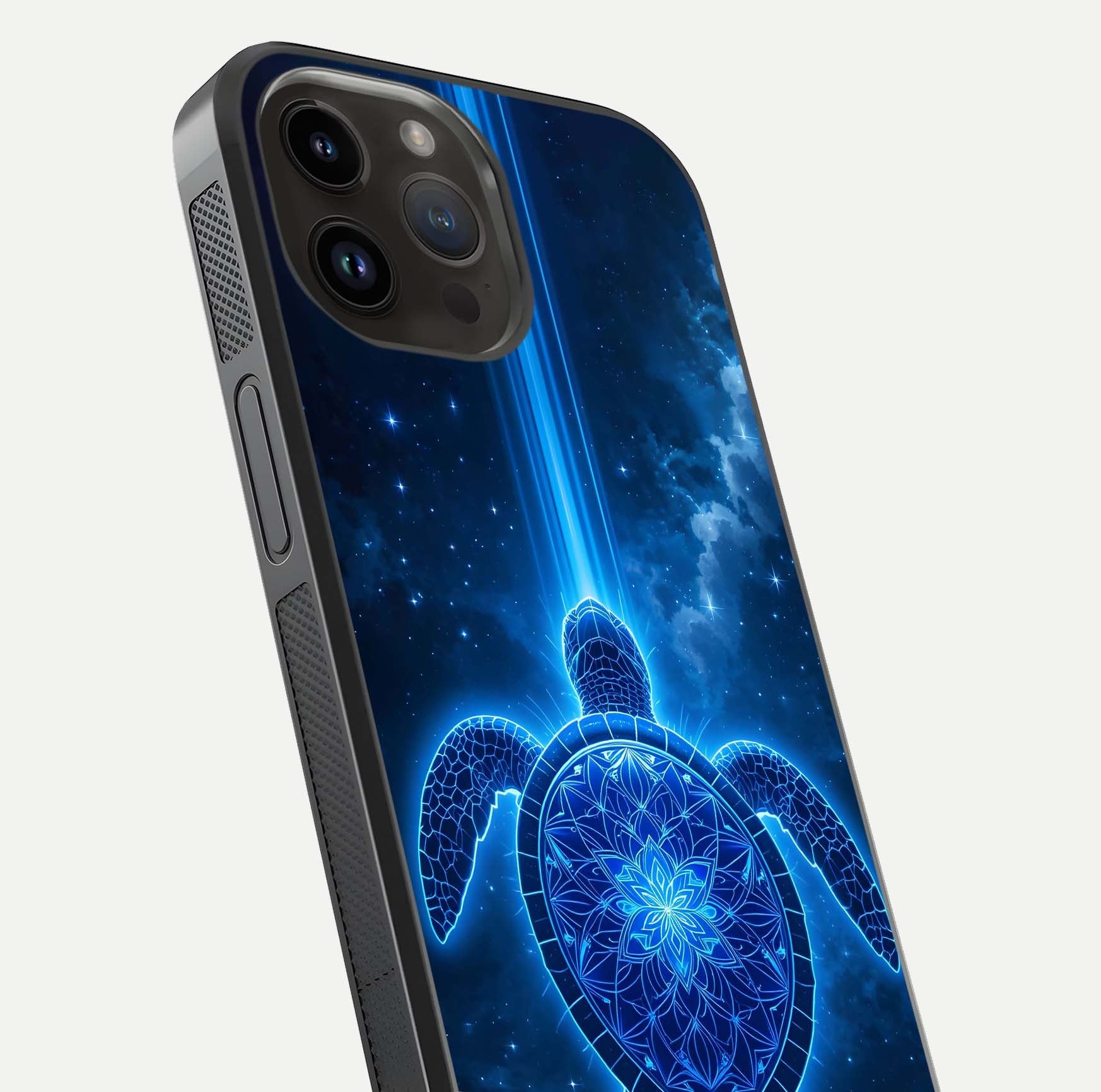 Blue Galaxy Turtle Glass Case for iPhone 14 Pro Max close-up image showing turtle shell detail and glowing galaxy tones