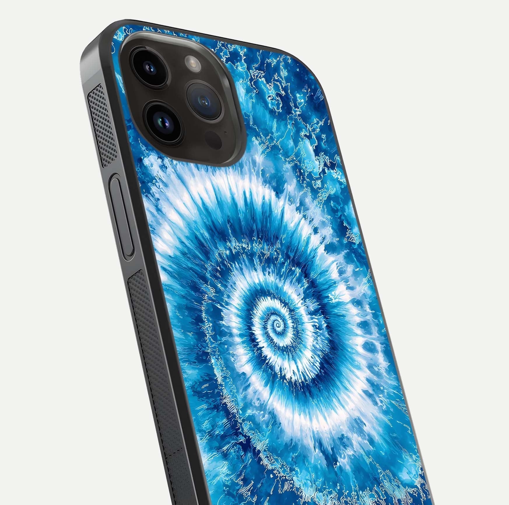 Blue Galaxy Wave Glass Case for iPhone 14 Pro Max close-up highlighting fluid wave motion and deep-blue reflection