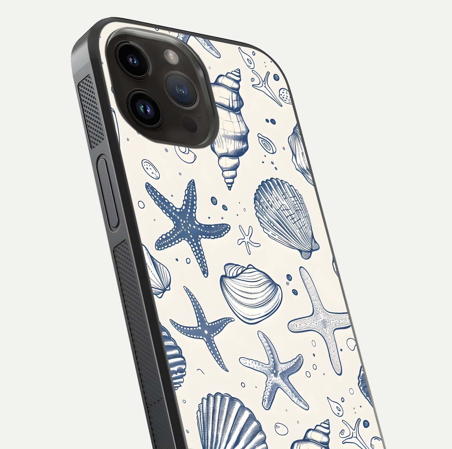Blue Ocean Outline Glass Case for iPhone 14 Pro Max close-up shot highlighting line art details and reflection texture