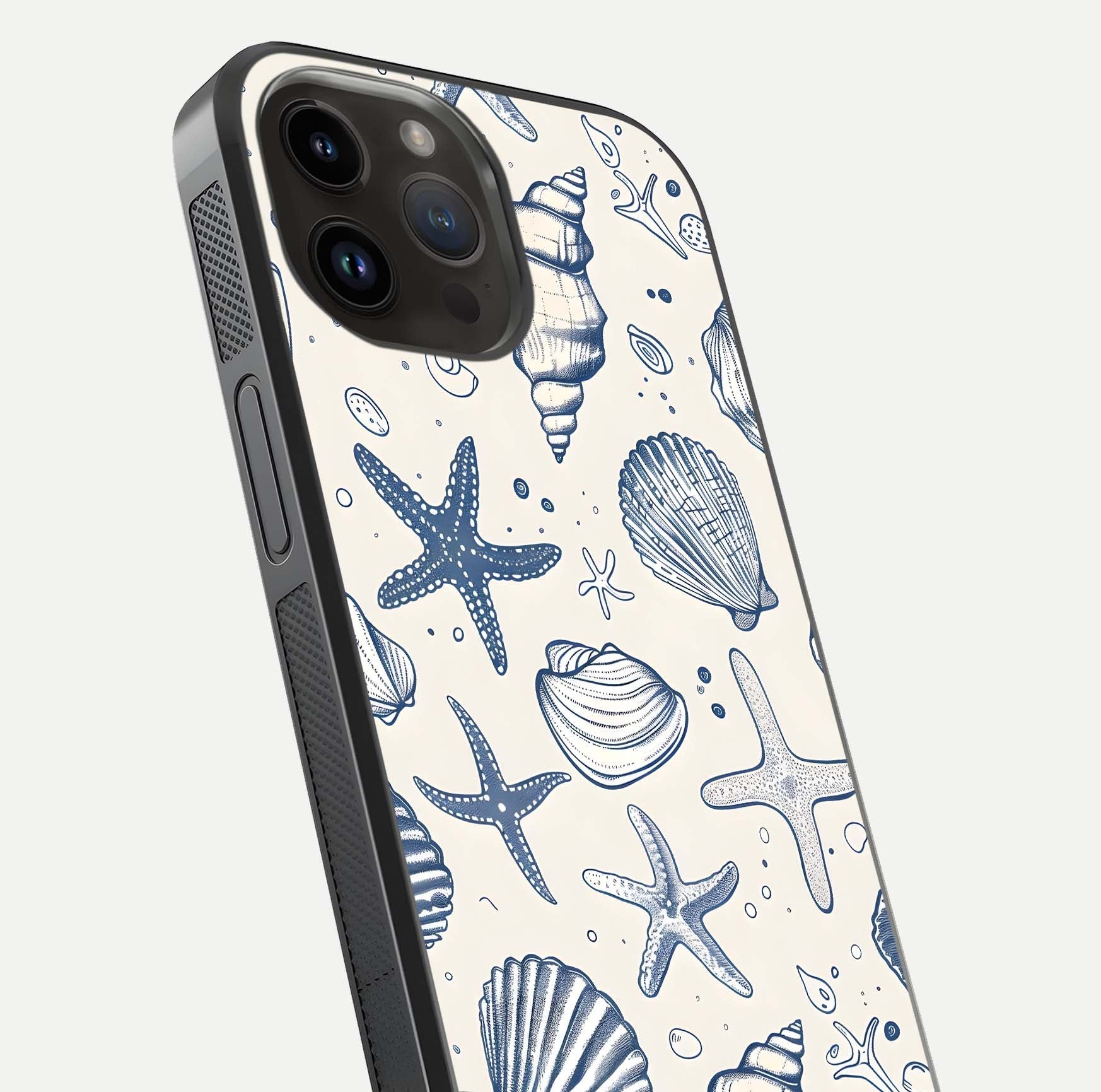 Blue Ocean Outline Glass Case for iPhone 14 Pro Max close-up shot highlighting line art details and reflection texture