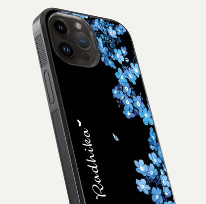 Blue Petal Dream Custom Name Glass Case for iPhone 14 Pro Max close-up highlighting petal texture and gloss reflection