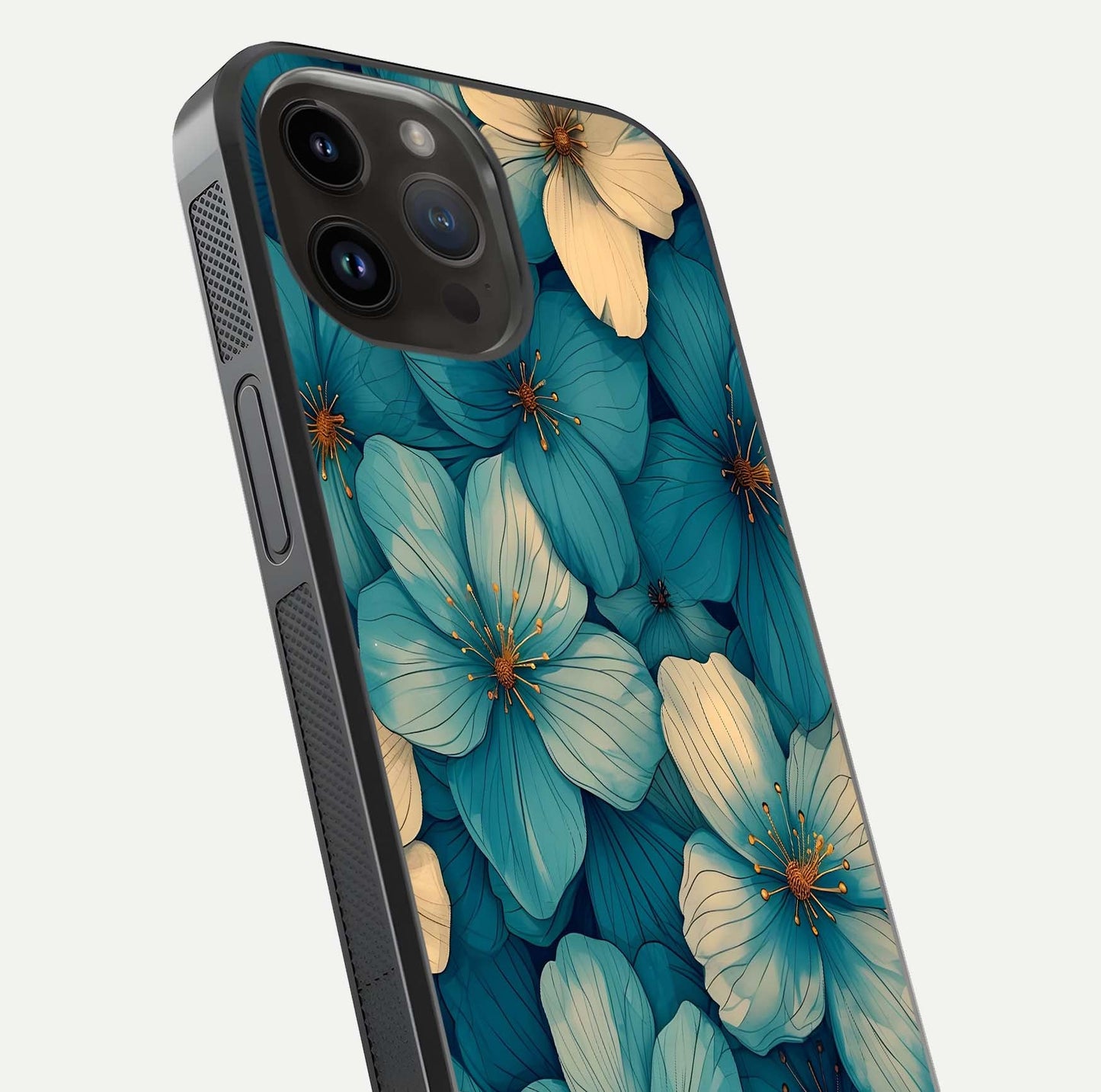 Blue Shade Floral Glass Case for iPhone 14 Pro Max close-up angle showing flower print precision and reflection