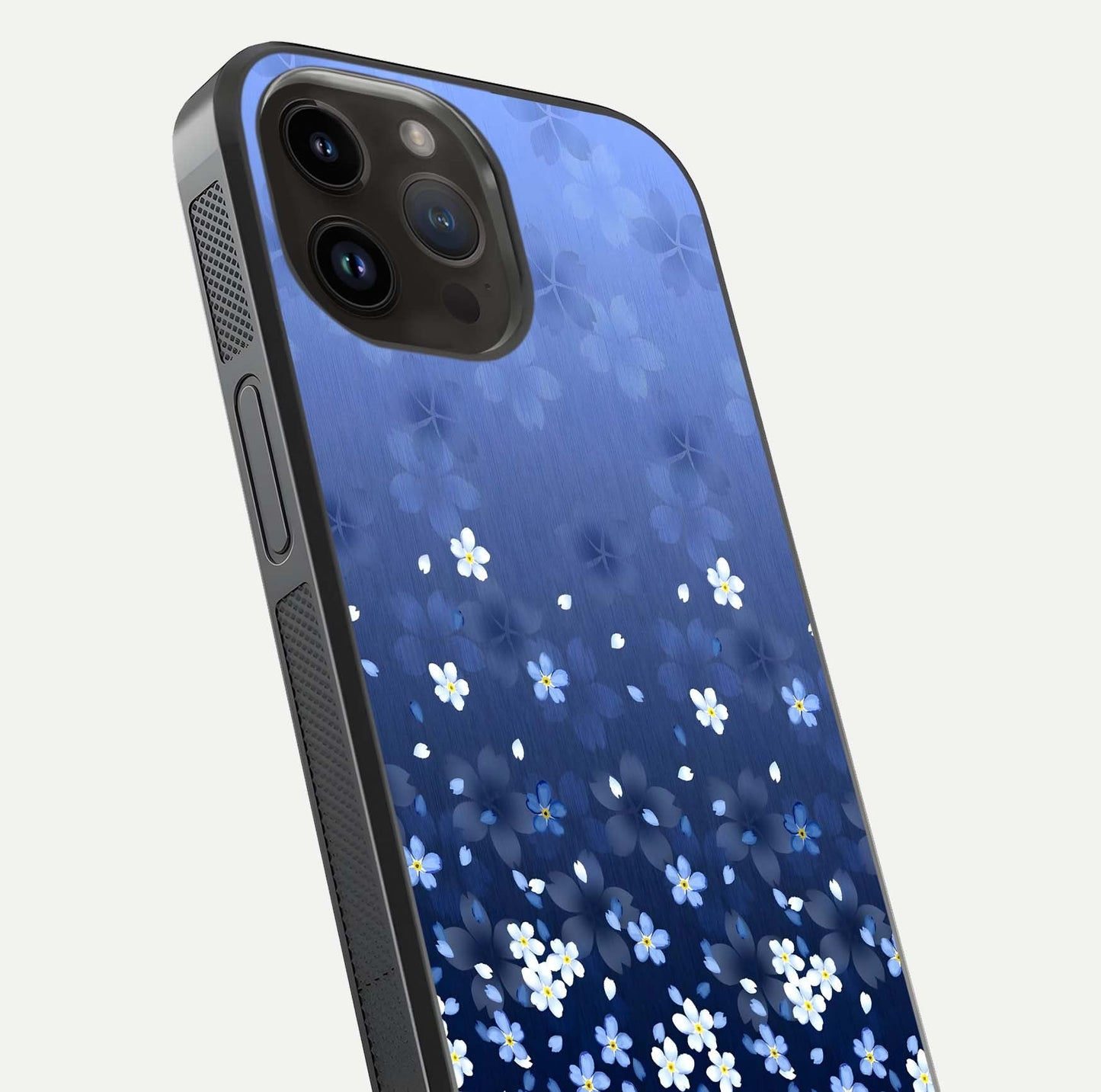 Blue Starry Glass Case for iPhone 14 Pro Max close-up image highlighting sparkle details and midnight blue gradient