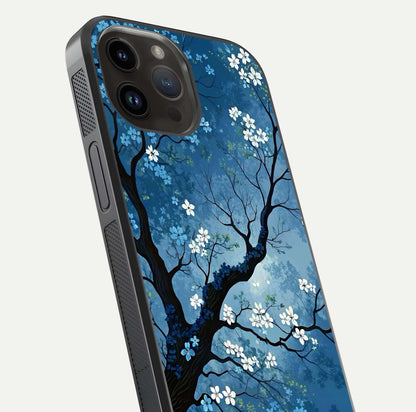 Blue Tree Serenity Glass Case for iPhone 14 Pro Max close-up view highlighting tree branches and reflection gloss