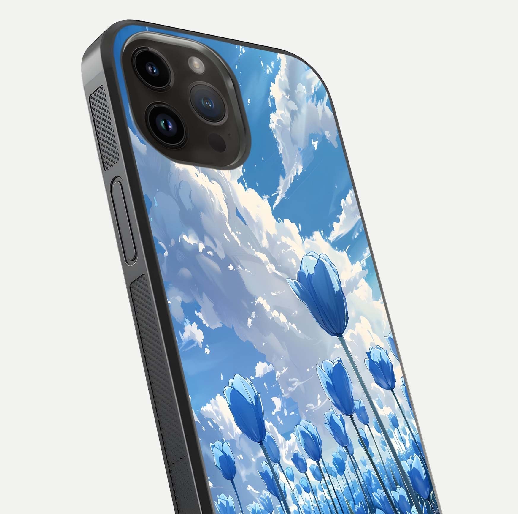 Blue Tulip Clouds Glass Case for iPhone 14 Pro Max close-up image highlighting tulip petals, clouds, and reflection texture