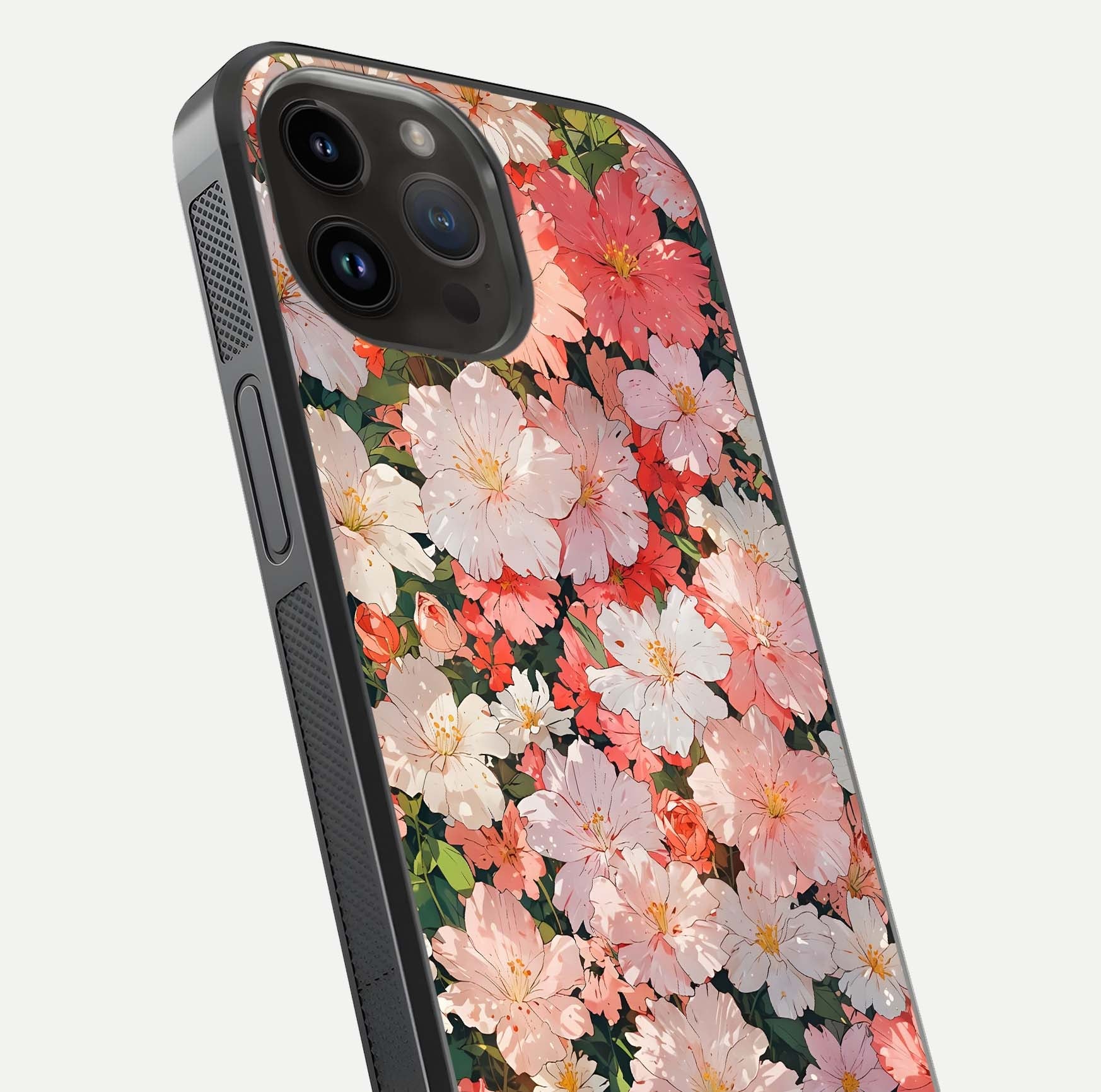 Blush Bloom Field Glass Case for iPhone 14 Pro Max close-up shot capturing pastel flower field tones and gloss shine