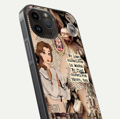 Bookish Dream World Glass Case for iPhone 14 Pro Max close-up shot highlighting book elements and reflection gloss