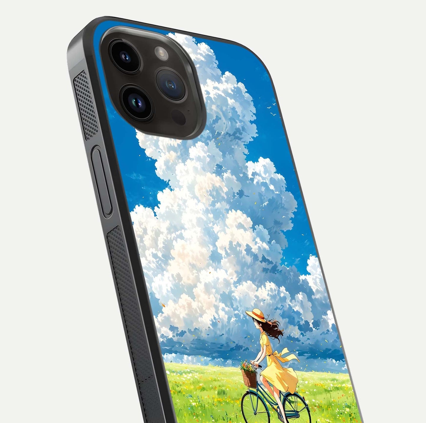 Breezy Meadow Ride Glass Case for iPhone 14 Pro Max close-up shot showing flowers and breezy motion texture