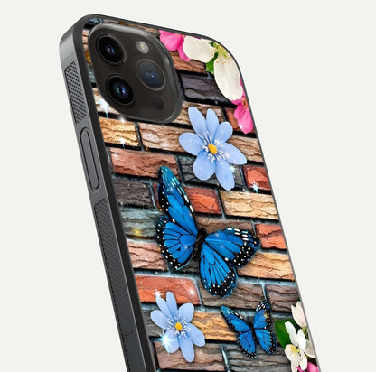 Brick Bloom Flight Glass Case for iPhone 14 Pro Max close-up angle highlighting flower clusters and reflection detail