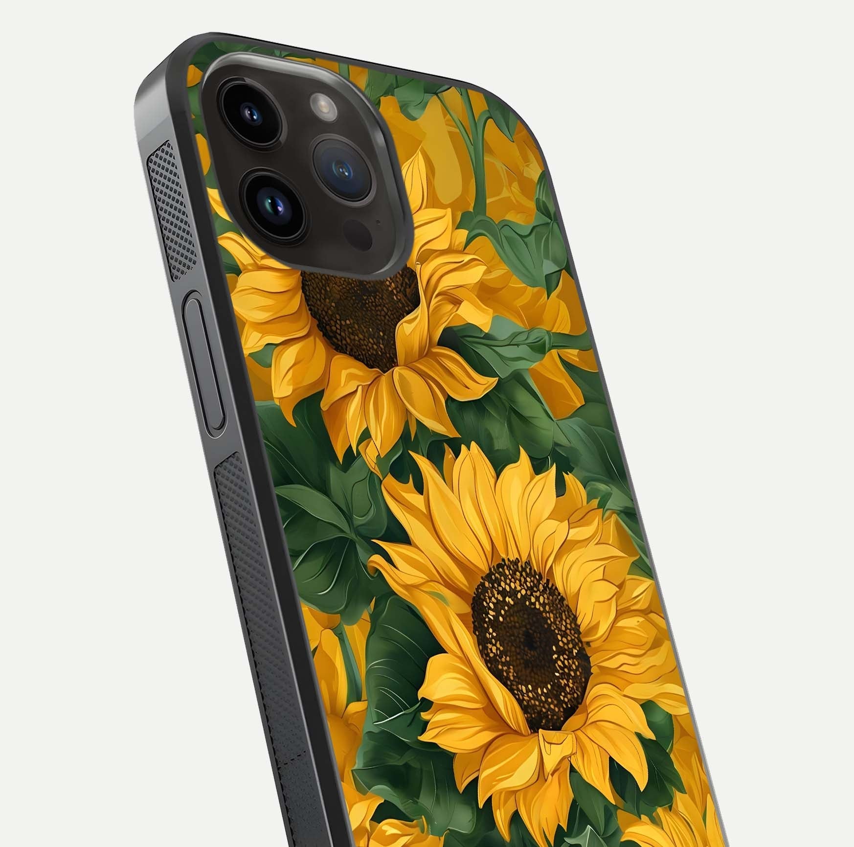 Bright Sunflower Bloom Glass Case for iPhone 14 Pro Max close-up image highlighting yellow petal detail and HD reflection