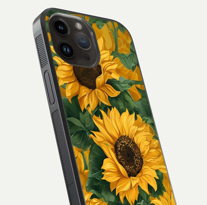 Bright Sunflower Bloom Glass Case for iPhone 14 Pro Max close-up image highlighting yellow petal detail and HD reflection