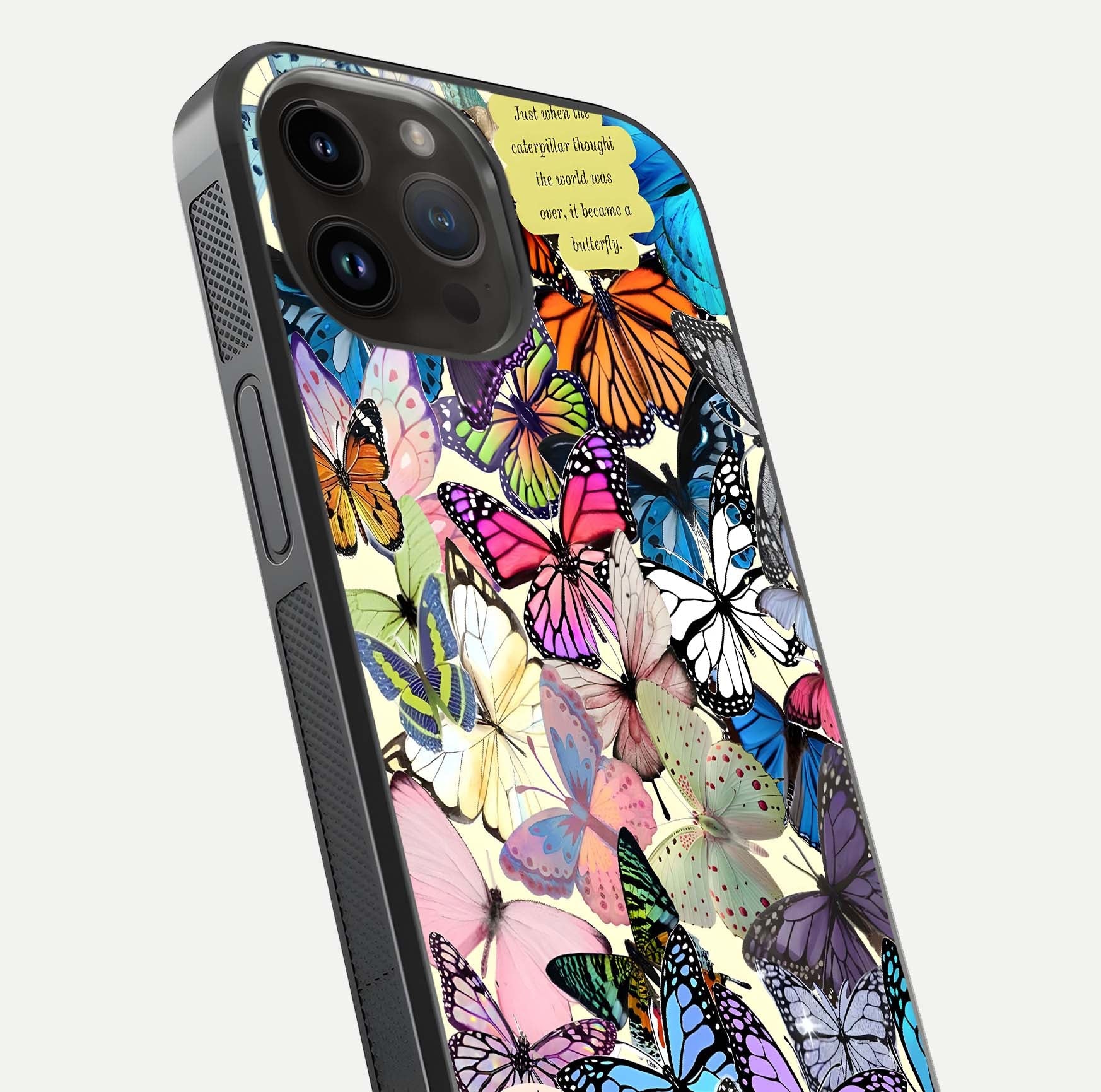 Butterflies Petal Dream Glass Case for iPhone 14 Pro Max close-up highlighting butterfly wings and pink petal gloss