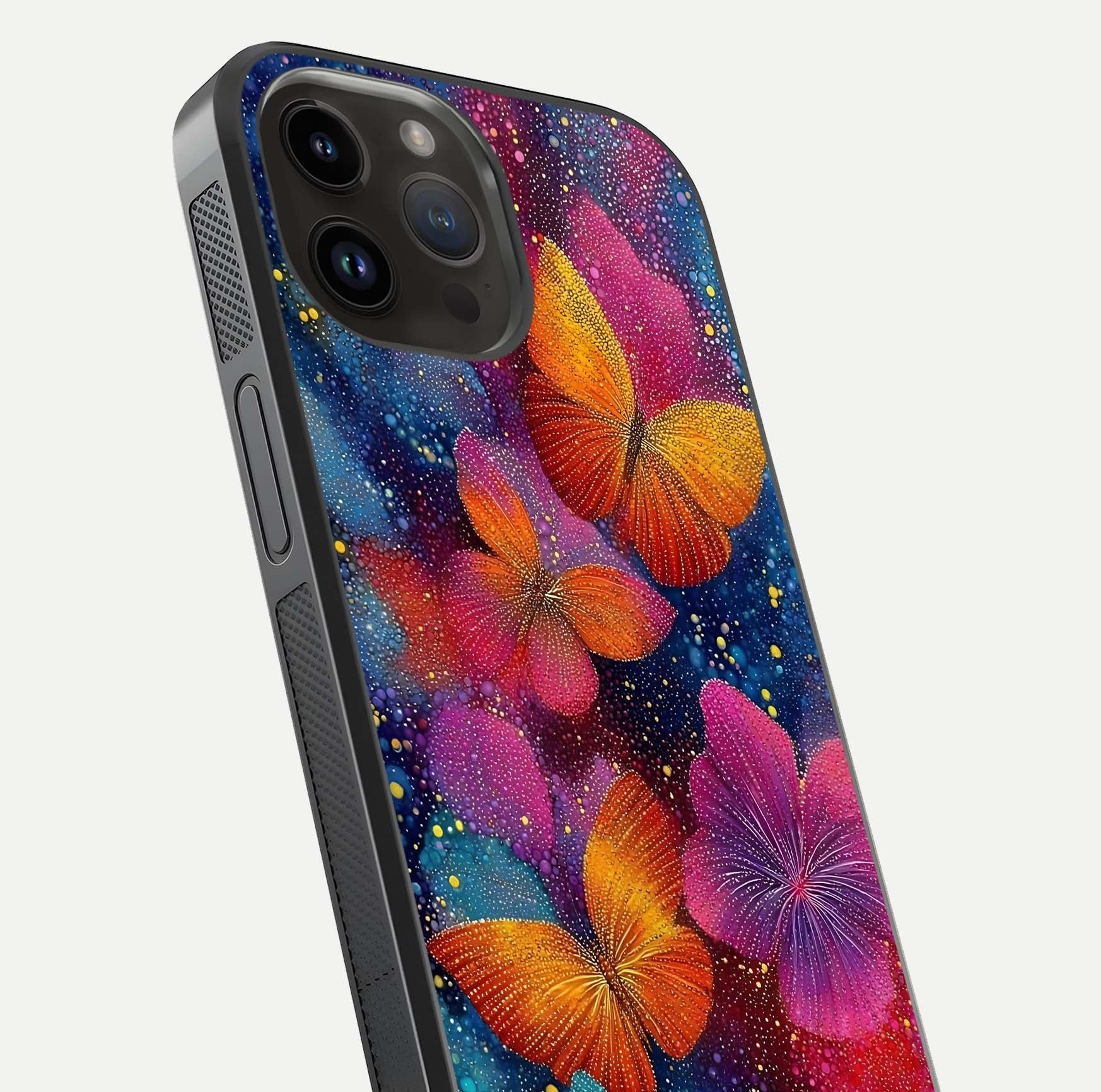 Butterfly Dream Mist Glass Case for iPhone 14 Pro Max close-up capturing wing pattern detail and glossy finish texture