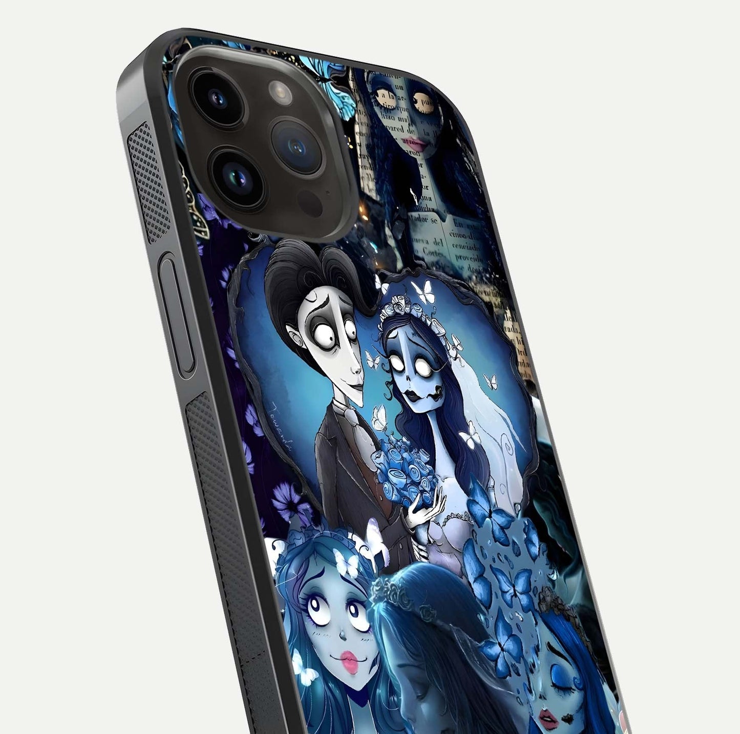 Butterfly Ghost Soul Glass Case for iPhone 14 Pro Max close-up shot showing ethereal wing patterns and reflection