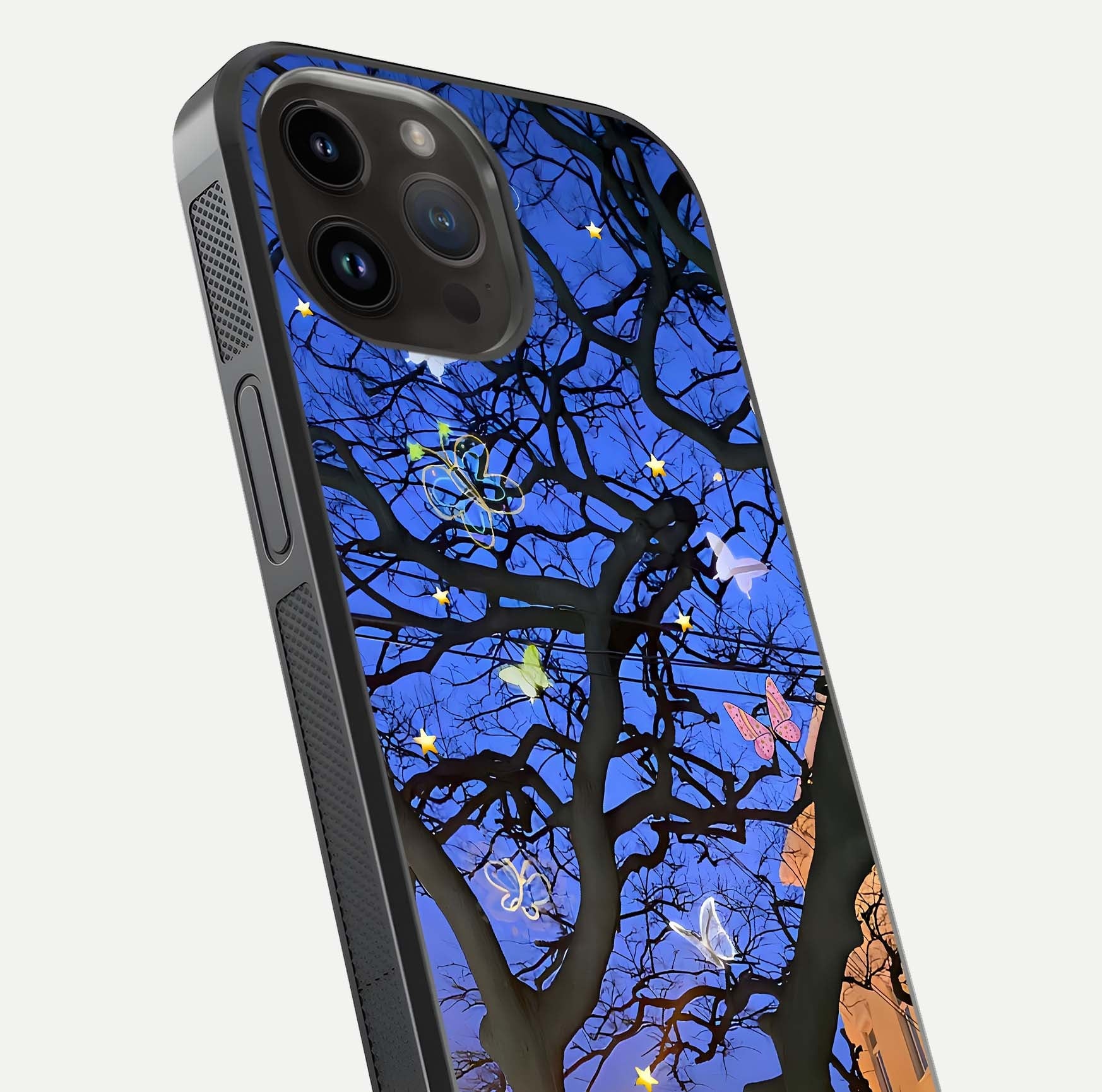 Butterfly Night Magic Glass Case for iPhone 14 Pro Max close-up highlighting wings reflection and gloss shimmer