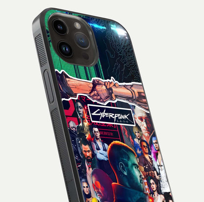 CYBERPUNK Legacy Glass Case for iPhone 14 Pro Max close-up highlighting circuit texture and reflection tone