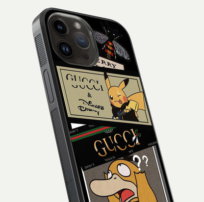 Cartoon Brand Play Mashup Glass Case for iPhone 14 Pro Max close-up angled shot showing character details and vibrant tones