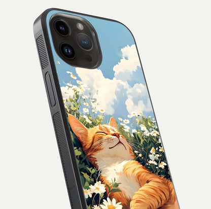 Cat & Flowers View Glass Case for iPhone 14 Pro Max close-up view highlighting cat expression and petal detail