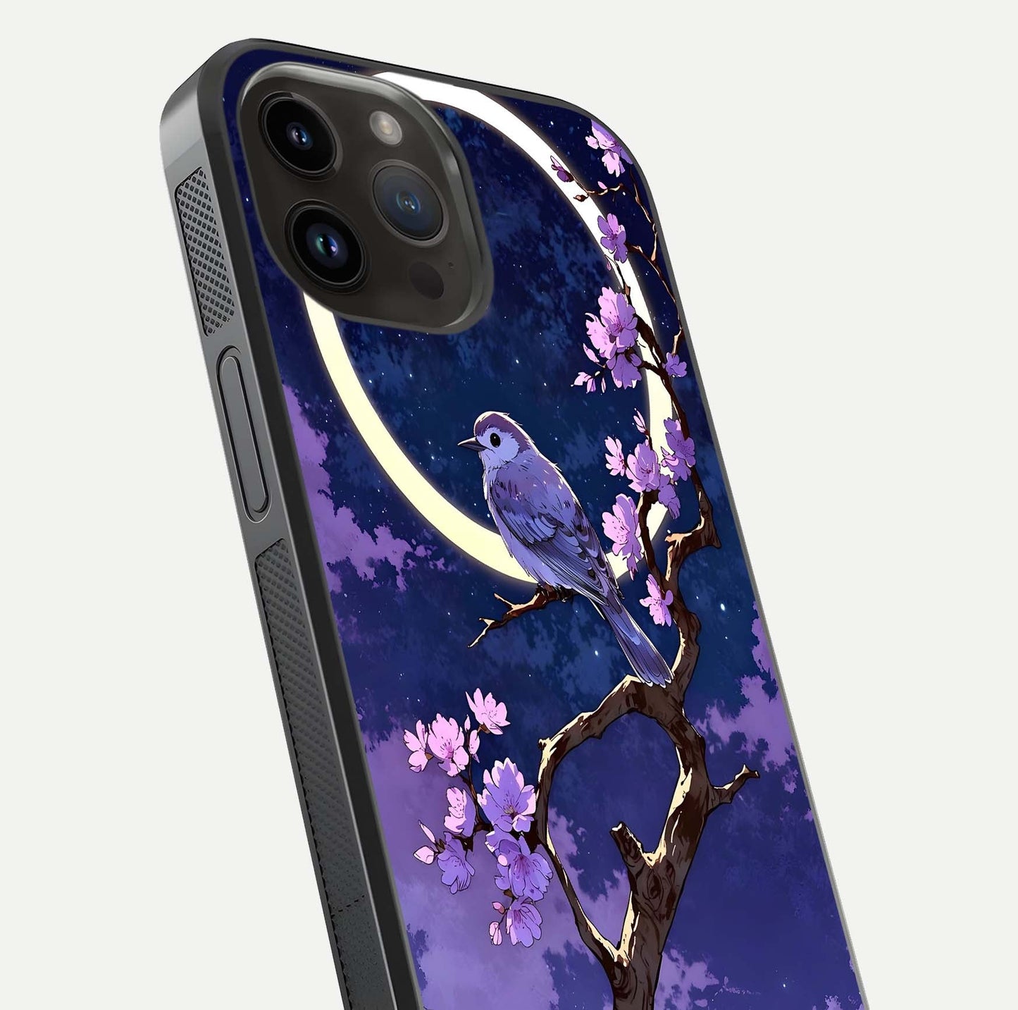 Celestial Bird Blossom Glass Case for iPhone 14 Pro Max close-up capturing bird detail, petal reflection, and gloss shine