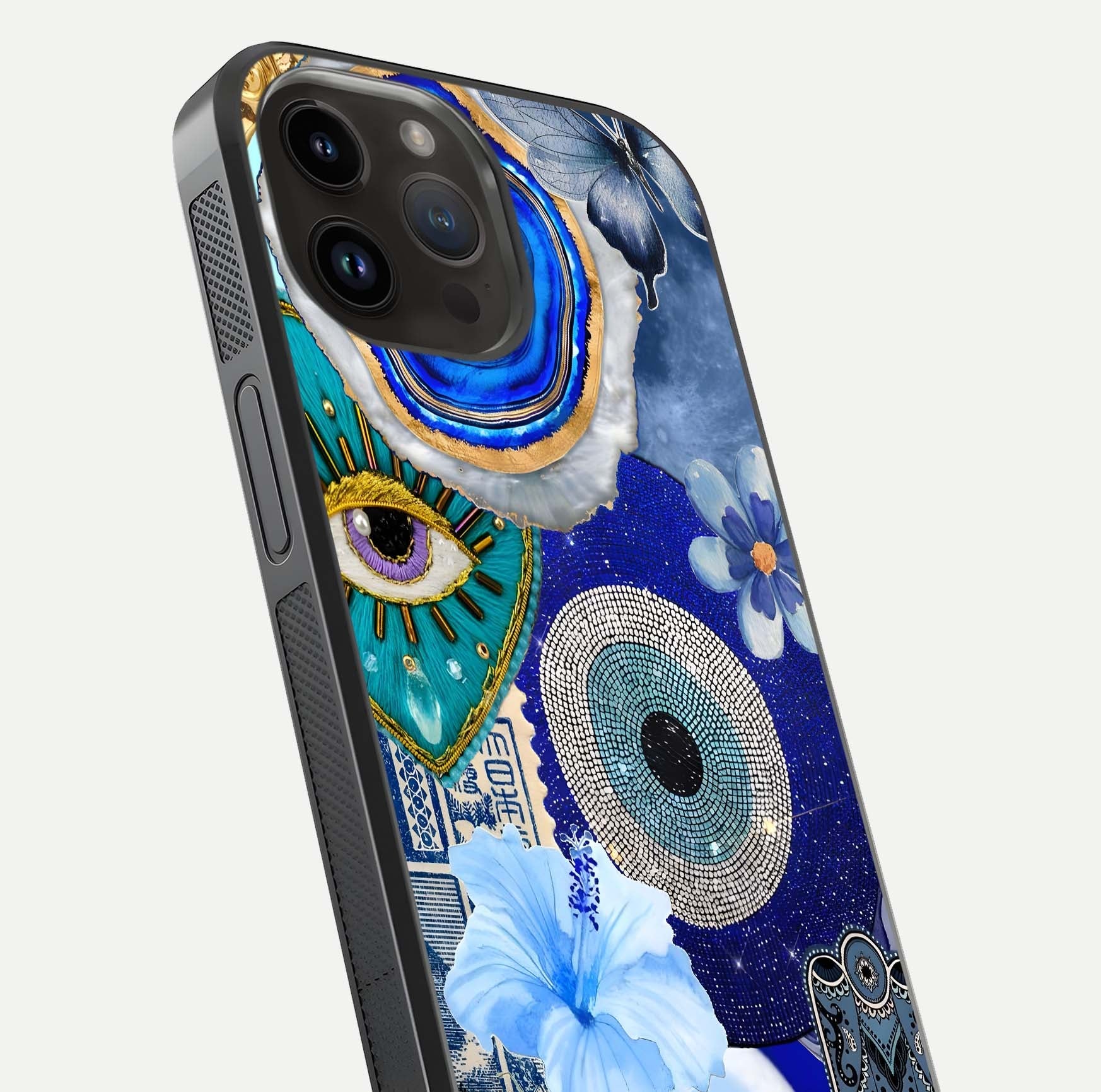 Celestial Blue Vision Glass Case for iPhone 14 Pro Max close-up shot highlighting reflection details and smooth edge polish