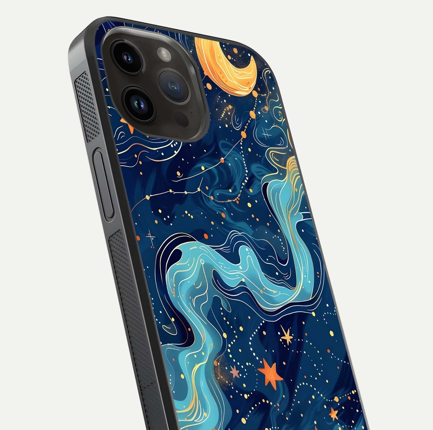Celestial Dream Flow Glass Case for iPhone 14 Pro Max close-up highlighting star reflections and smooth glow gradient