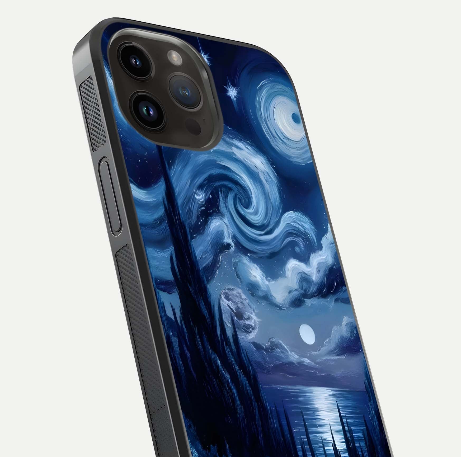 Celestial Dream Van Gogh Glass Case for iPhone 14 Pro Max close-up view capturing vivid brush details and star reflection