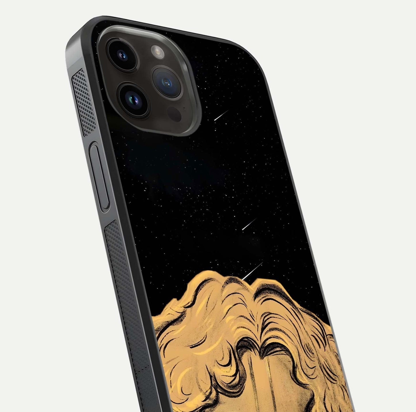 Celestial God’s Plan Glass Case for iPhone 14 Pro Max close-up angled shot highlighting celestial details and reflection