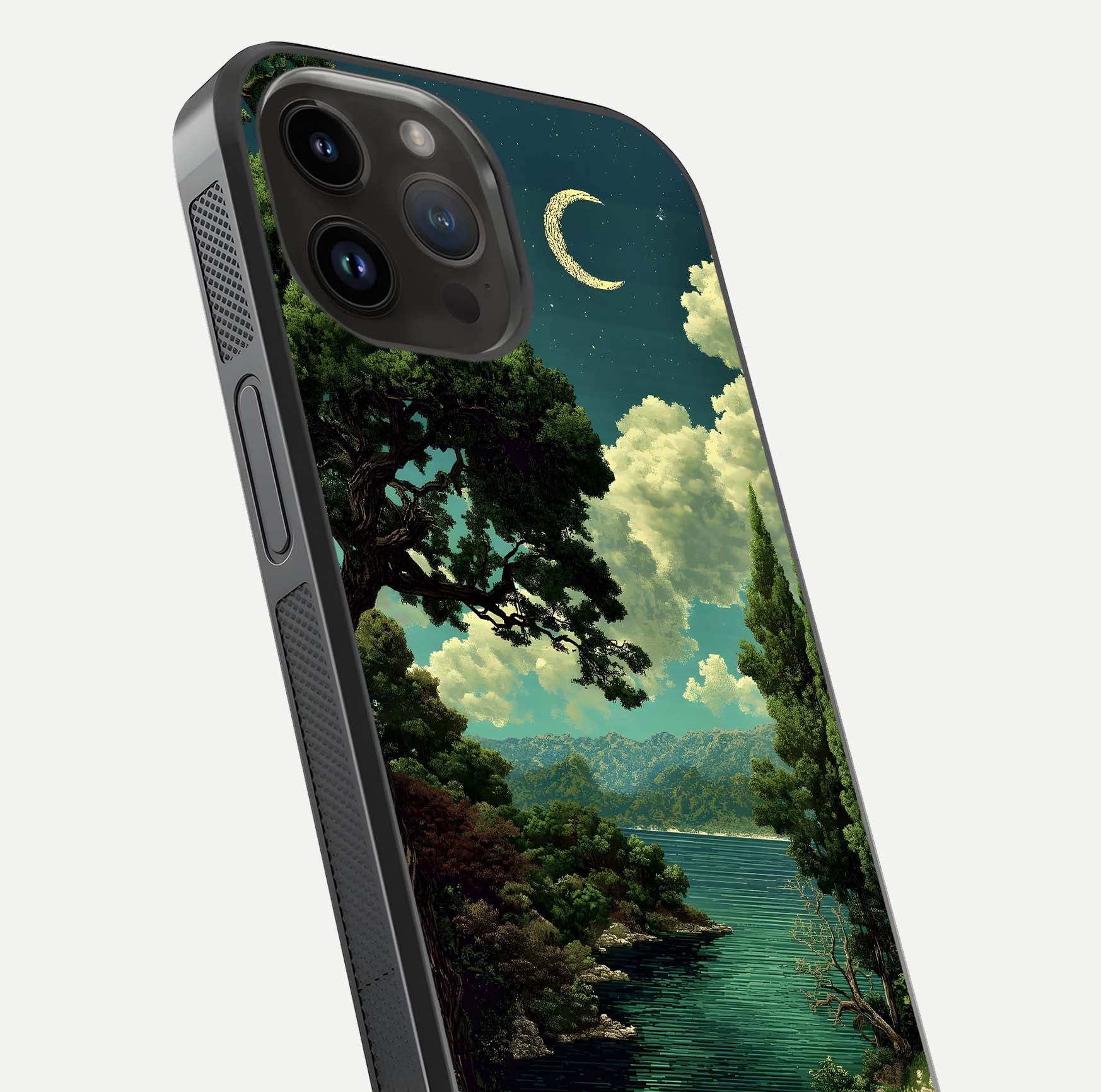 Celestial Lake Peace Glass Case for iPhone 14 Pro Max close-up highlighting moon reflection and glossy texture