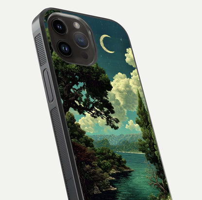 Celestial Lake Peace Glass Case for iPhone 14 Pro Max close-up highlighting moon reflection and glossy texture