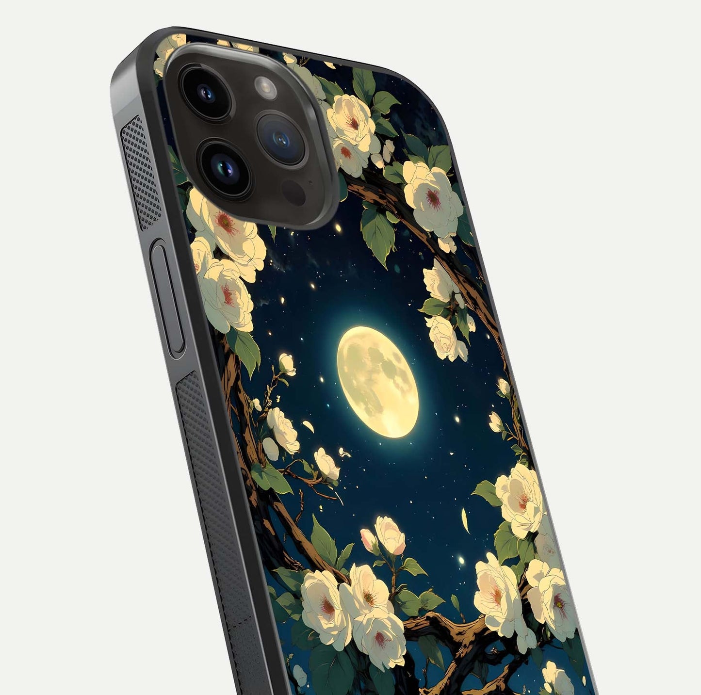 Celestial Moon & Flower Glass Case for iPhone 14 Pro Max close-up capturing petal reflection and moonlight contrast