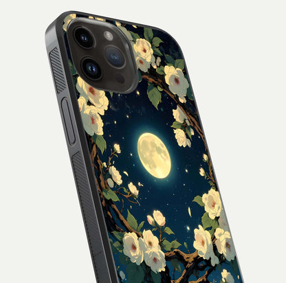 Celestial Moon & Flower Glass Case for iPhone 14 Pro Max close-up capturing petal reflection and moonlight contrast