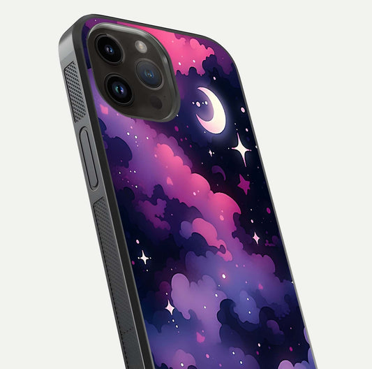 Celestial Moon Magic Glass Case for iPhone 14 Pro Max close-up view highlighting moon crater detail and glass shine